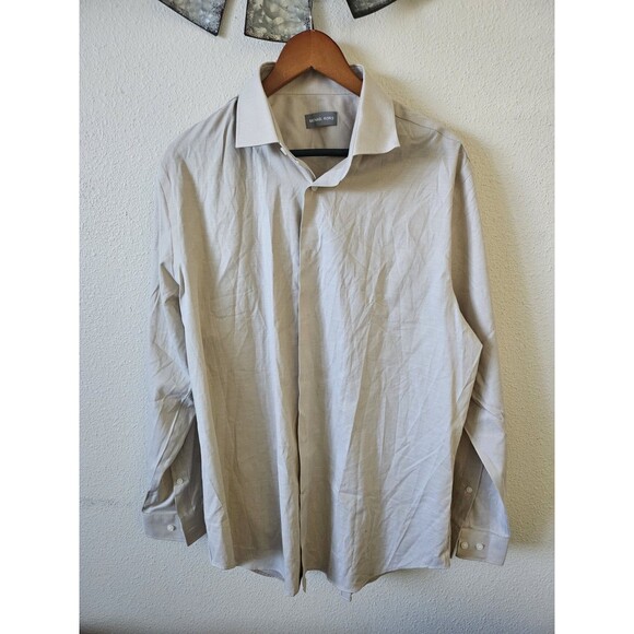 Michael Kords Men's  Slim Fit Dress Shirt Beige Formal  Size L - Picture 3 of 10